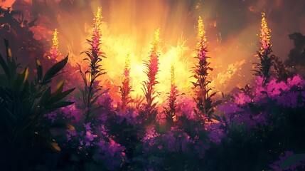 Tall purple wildflowers glow with light in an enchanted forest landscape scene