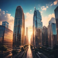 A scenic cityscape showing sharp architectural details of modern skyscrapers.