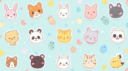 Cute cartoon animal stickers featuring cats, dogs, bunnies, pandas and birds on a pastel background perfect for decorations and scrapbooking