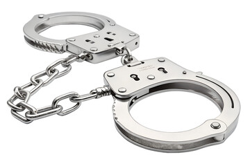 Isolated steel handcuffs on white suggest criminal arrest