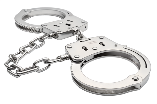 Isolated steel handcuffs on white suggest criminal arrest