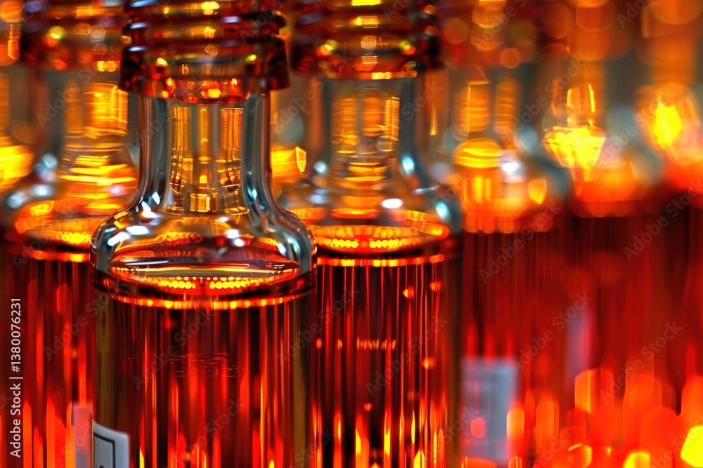 Poster a close-up of illuminated glass bottles with an amber hue, creating a warm and vibrant bokeh effect.