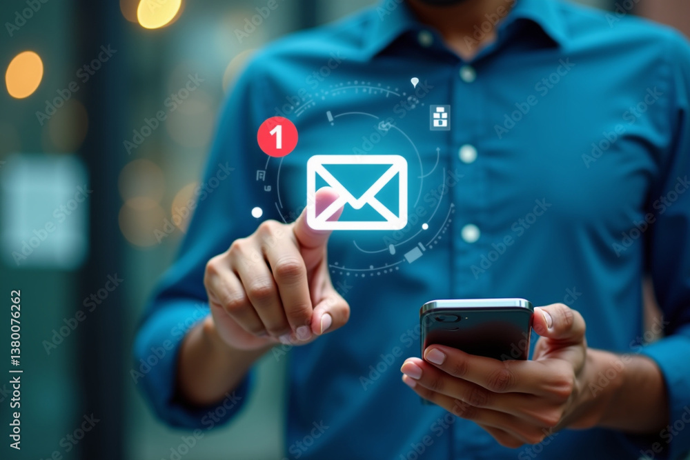 Poster new email notification interaction concept. a person interacting with a floating digital interface s