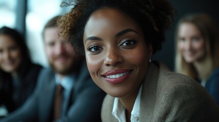 Smiling black woman in suit, looking at camera during meeting