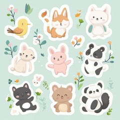 Fototapeta premium Cute cartoon animal sticker pack featuring playful cats, dogs, bunnies, pandas, and cheerful birds on a pastel background, perfect for decoration