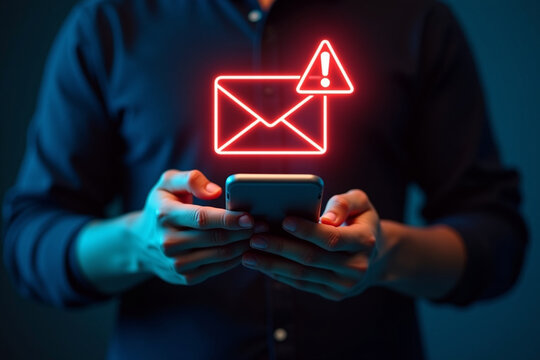SMS spam, fake text message phishing from scammer concept. System hacked red warning alert, email hack, scam malware spreading virus on message alert virtual on mobile phone screen in person hand