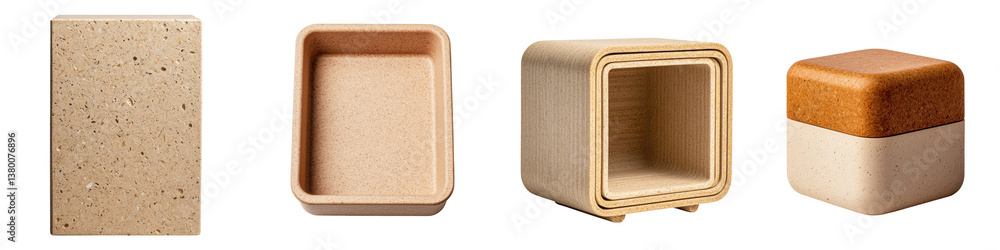 Poster a still life composition of various natural wooden objects including cubes rectangles and a square b