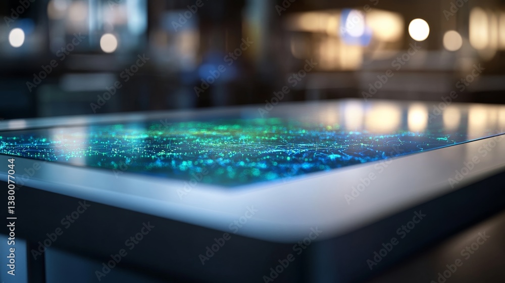 Aufkleber high-tech 3d biotech visualization projects glowing blue and green cell structures on glass, reveali