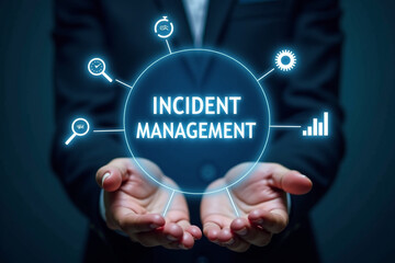 Incident Management and Resolving Unexpected Problems. A person holding incident management icons, risk assessment, data analysis, and problem resolution. approach to managing unexpected issues.