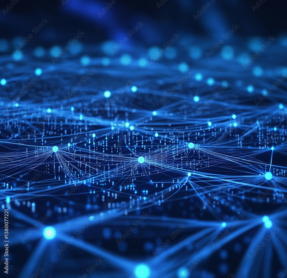 Poster blue background with digital connections and code – symbolizing technology, online communication, cy