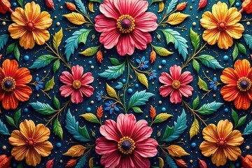 Intricate floral textile design, repeating motif , spring, embroidered, classic