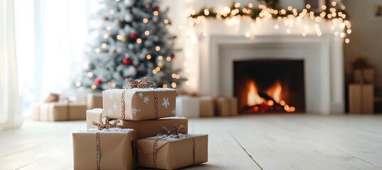 Christmas Gifts Under the Tree Festive Home Decor Next to a Warm Living Room Fireplace