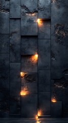 A dark textured wall with recessed rectangular panels and glowing orange light behind some panels