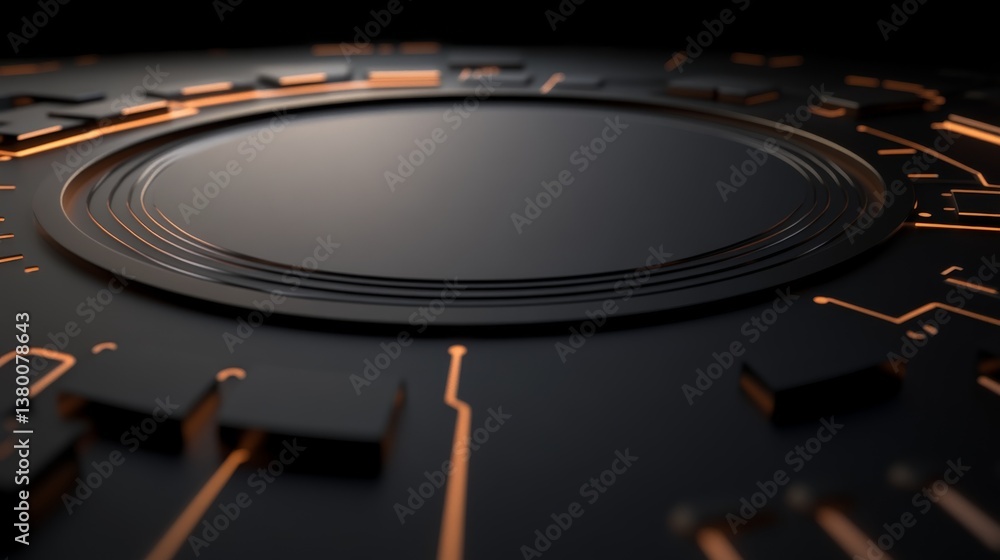 Poster Top-down view of a glossy 3D paper circle adorned with intricate circuit board designs, representing the essence of futuristic technology and digital connections