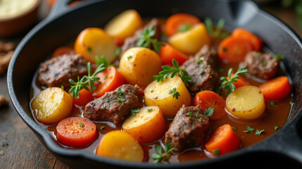 Stewed beef with potatoes and carrots in a frying pan on a wooden rustic table, close-up, selective focus