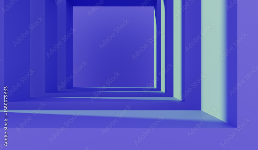 Aufkleber 3d blue square tunnel perspective. abstract geometric room with corridor and turquoise lines of ligh