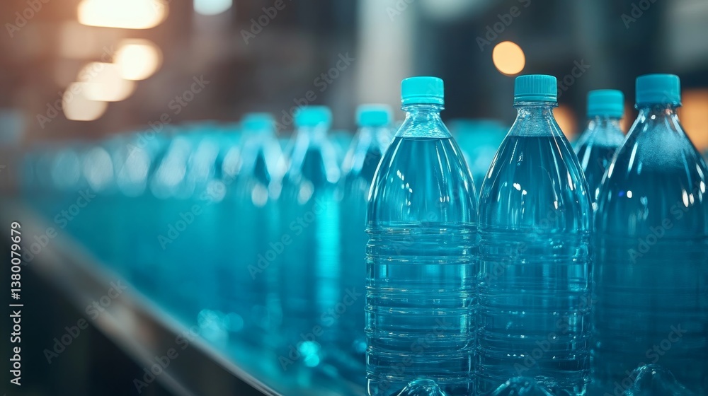 Poster a wide-angle view of a modern beverage factory shows a conveyor belt with clear water bottles moving