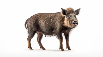 Fototapeta premium A wild boar stands isolated on a smooth white background, showcasing its bushy fur and distinct features. The animal appears calm and poised, creating a striking visual