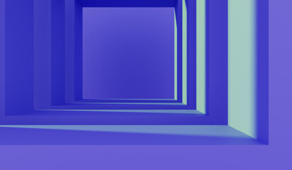 3d blue square tunnel perspective. Abstract geometric room with corridor and turquoise lines of light on wall and floor. Futuristic architecture background with neon gradient render. 3D illustration