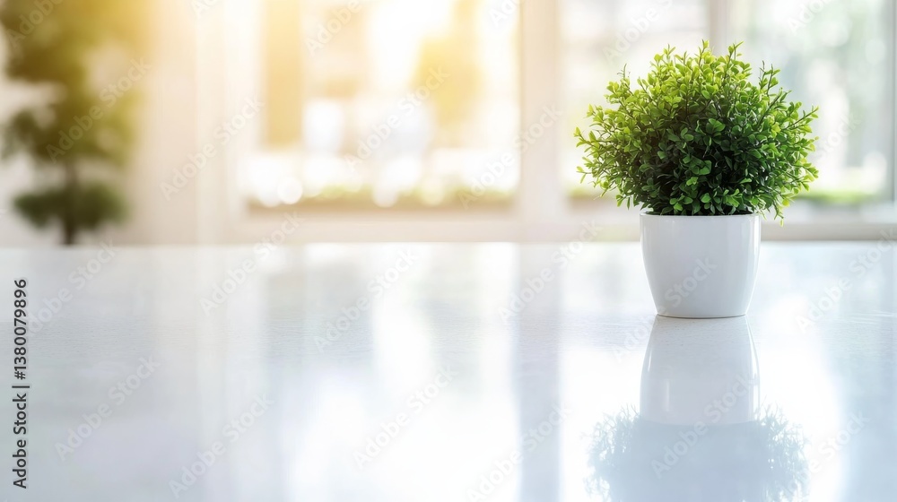 Poster bright and modern kitchen features a potted lemon tree on a quartz countertop, bathed in sunlight fr