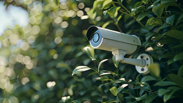 Enhanced surveillance is evident with a security camera discreetly installed within lush greenery, monitoring surroundings effectively