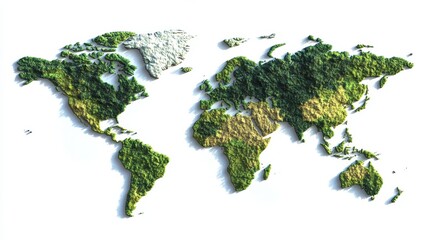 A vivid depiction of a world map showcases continents covered in diverse green landscapes. Variations in vegetation highlight different terrains and climate zones across the planet
