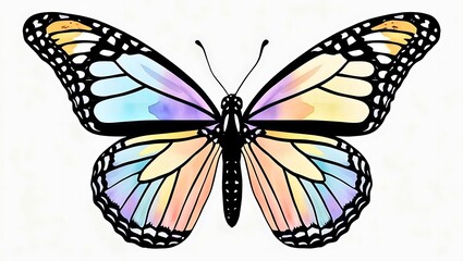 clipart, watercolour, monarch butterfly with delicate colours and lines, isolated on white background.