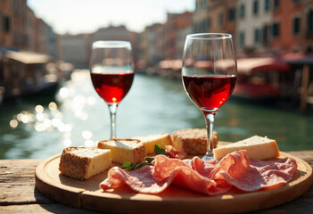 A picturesque Venetian riverside setting with a rustic wooden board of cheeses and prosciutto, complemented by red wine glasses.

