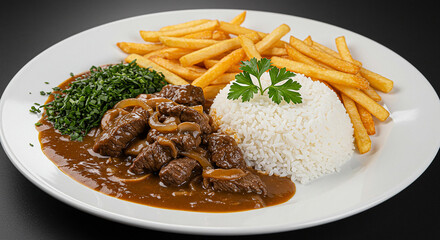 Stroganoff brasile&ntilde;o, arroz y patatas fritas