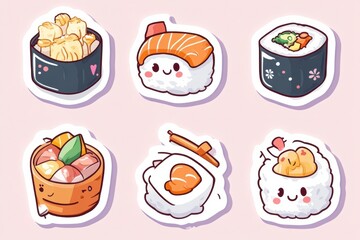 Cute stickers featuring sushi, ramen, onigiri, and bento boxes in kawaii Japanese aesthetic style for playful food lovers