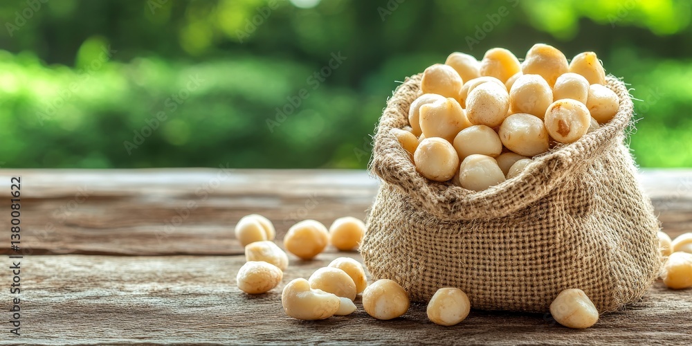 Poster macadamia nuts in a burlap sack on a rustic wooden table with a natural green background