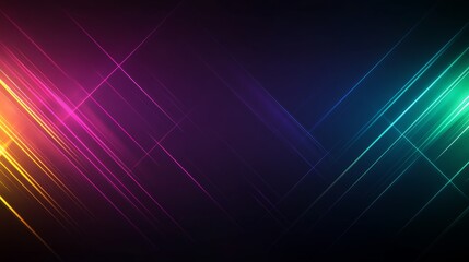 Obraz premium Colorful beams in shades of purple, green, and yellow intersect sharply, filling the space with energy and depth, leaving room for creative text on the left