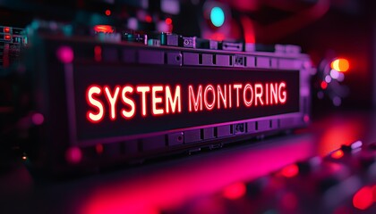 System Monitoring Dashboard Glowing in Dark Data Center. System Health Real-time Display.