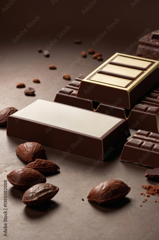 Poster chocolate bars arranged artistically with cocoa beans on a textured surface in a warm, inviting sett