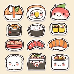 Cute kawaii sushi and ramen sticker icons in a playful Japanese aesthetic featuring delightful bento boxes and onigiri designs