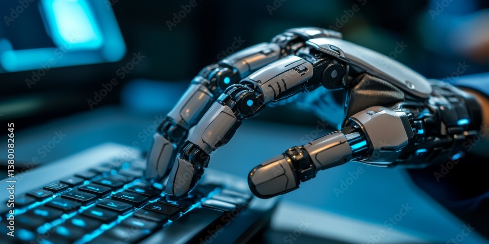 Aufkleber advanced robotics metallic hand typing on keyboard. innovation, technology, automation.