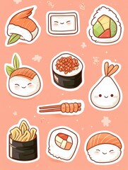 Cute sushi and ramen sticker collection showcasing kawaii Japanese aesthetic with delightful food icons on a soft pink background