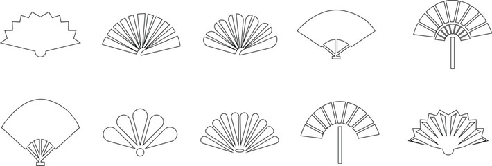 Chinese fan isolated handheld tessen souvenir icon set. Vector weaponized Japan warfare fan. Folding paper or silk blower with tessel. Traditional Korean Japanese souvenir of paper, foldable fan.