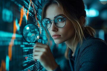 Fototapeta premium A woman analyzes a data screen using a magnifying glass