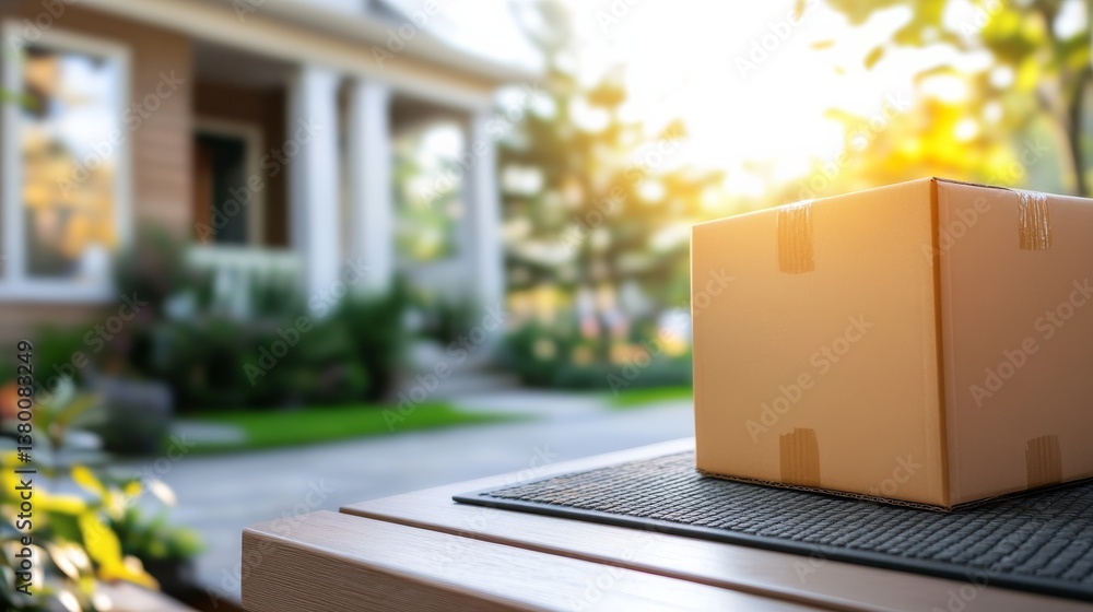 Poster a cardboard box rests on a porch mat, illuminated by gentle morning light. the wooden porch steps ad