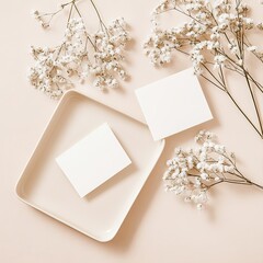 Two business paper cards with copy space on ceramic tray and beautiful gypsophila flowers on beige background, top view. Mockup paper card for design, print, greeting, wedding and invitation.