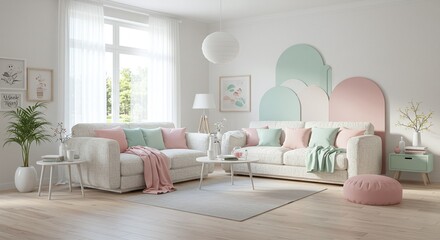 Fototapeta premium Cozy Living Room with Pastel Accents and Modern Interior Design