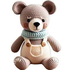 A charming handmade crochet bear doll, crafted with soft, plush yarn in warm, neutral tones like beige, brown, or pastel shades.