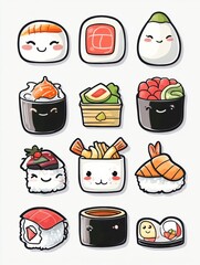 Explore cute and playful sushi and ramen sticker icons celebrating kawaii Japanese food culture
