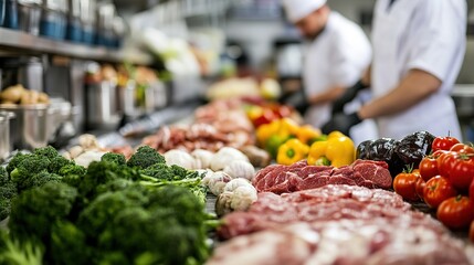 Obraz premium Food production action in a professional kitchen gigapixel standard scale vibrant ingredients and chefs at work