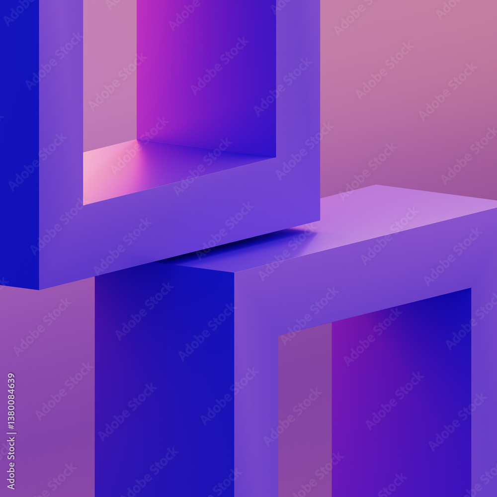 Poster abstract geometric tech background with square frames in neon light 3d render. futuristic architectu