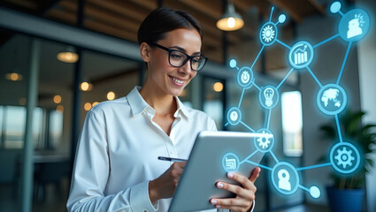 Woman Using Tablet with Digital Network Overlay