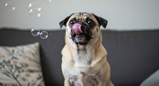 Funny Pug Licking Nose with Soap Bubbles Floating Nearby Indoors