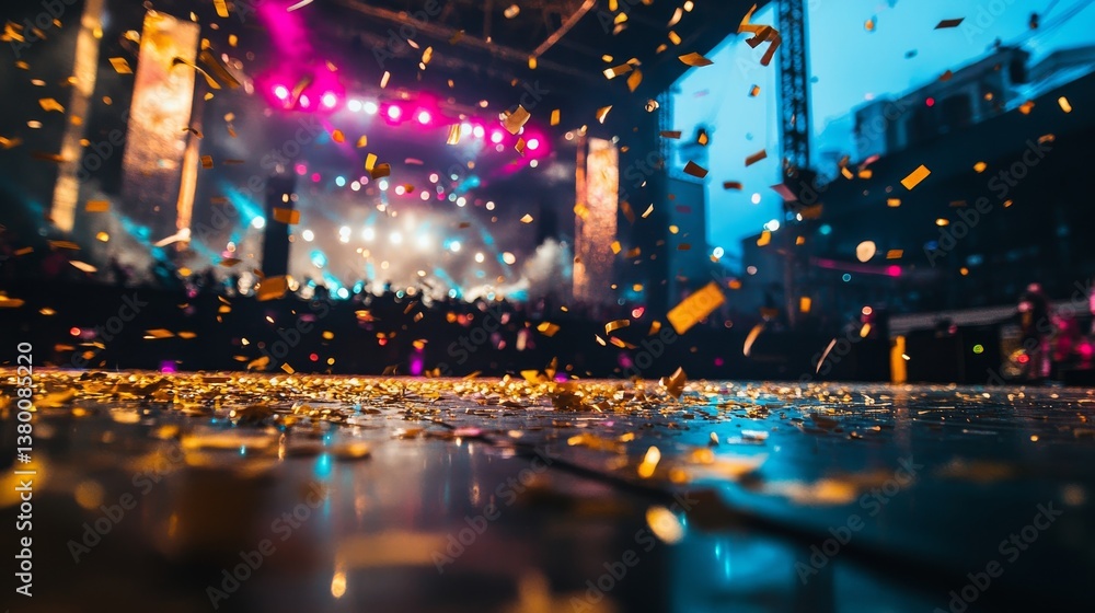 Poster a stage is alive with cascading gold confetti amidst pink and blue spotlights, creating a festive at