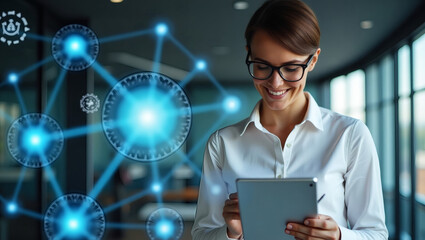 Woman Using Tablet with Digital Network Overlay